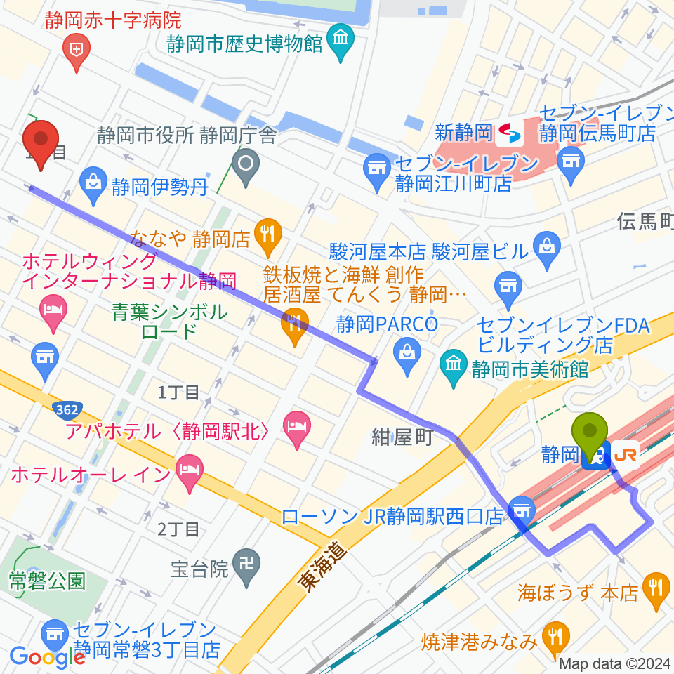静岡駅からすみやグッディ おとサロン静岡呉服町へのルートマップ地図