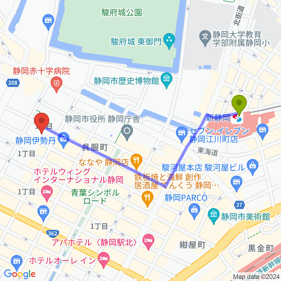すみやグッディ おとサロン静岡呉服町の最寄駅新静岡駅からの徒歩ルート（約11分）地図