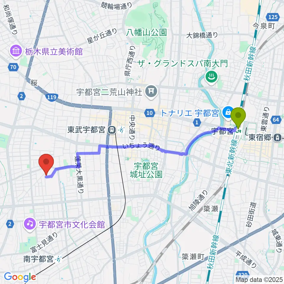 宇都宮駅からForestピアノ教室へのルートマップ地図