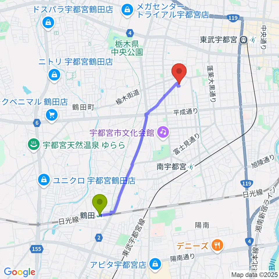 鶴田駅からForestピアノ教室へのルートマップ地図