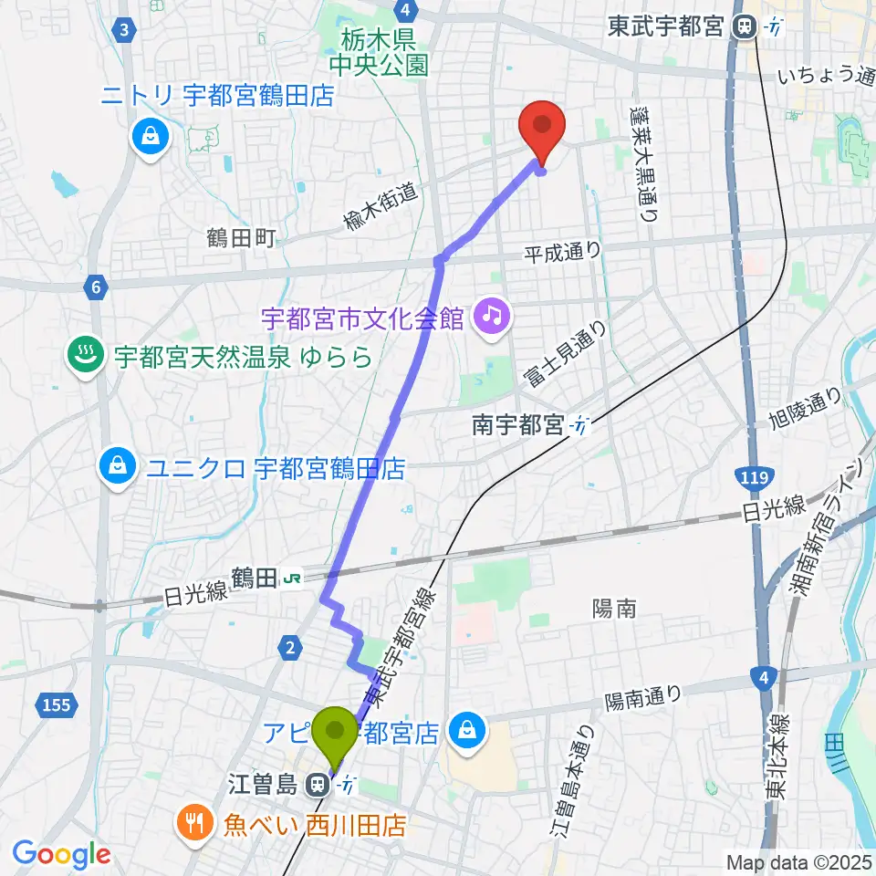 江曽島駅からForestピアノ教室へのルートマップ地図