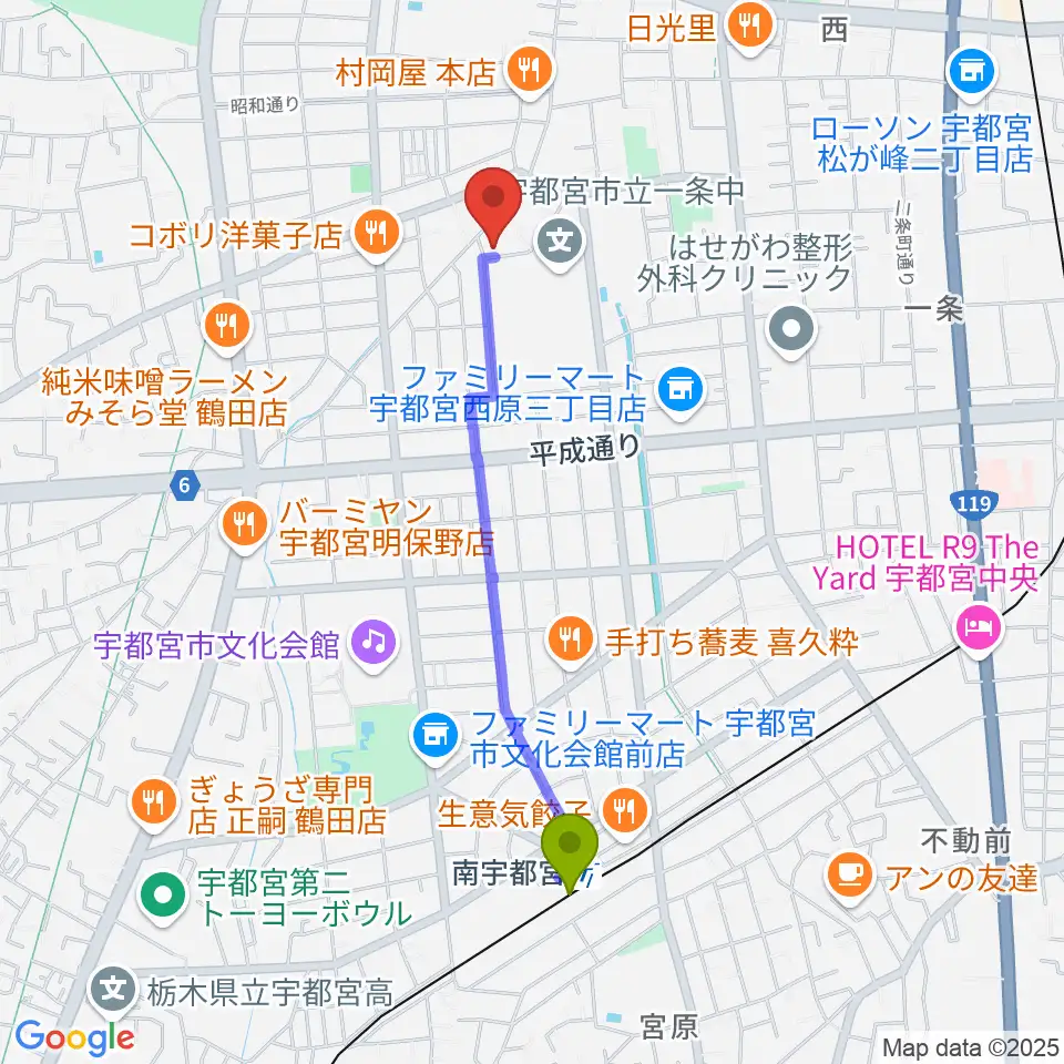 南宇都宮駅からForestピアノ教室へのルートマップ地図