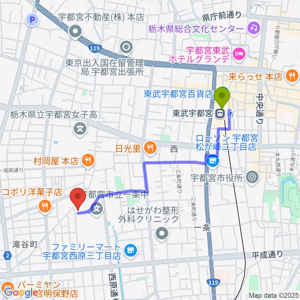 Forestピアノ教室の最寄駅東武宇都宮駅からの徒歩ルート（約18分）地図