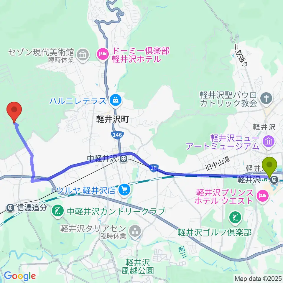 軽井沢駅から音楽ロッヂ ゆうげん荘へのルートマップ地図