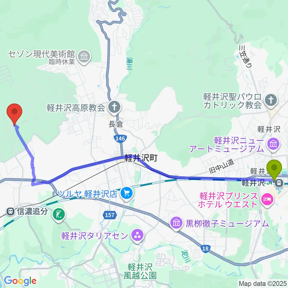 軽井沢駅から音楽ロッヂ ゆうげん荘へのルートマップ地図