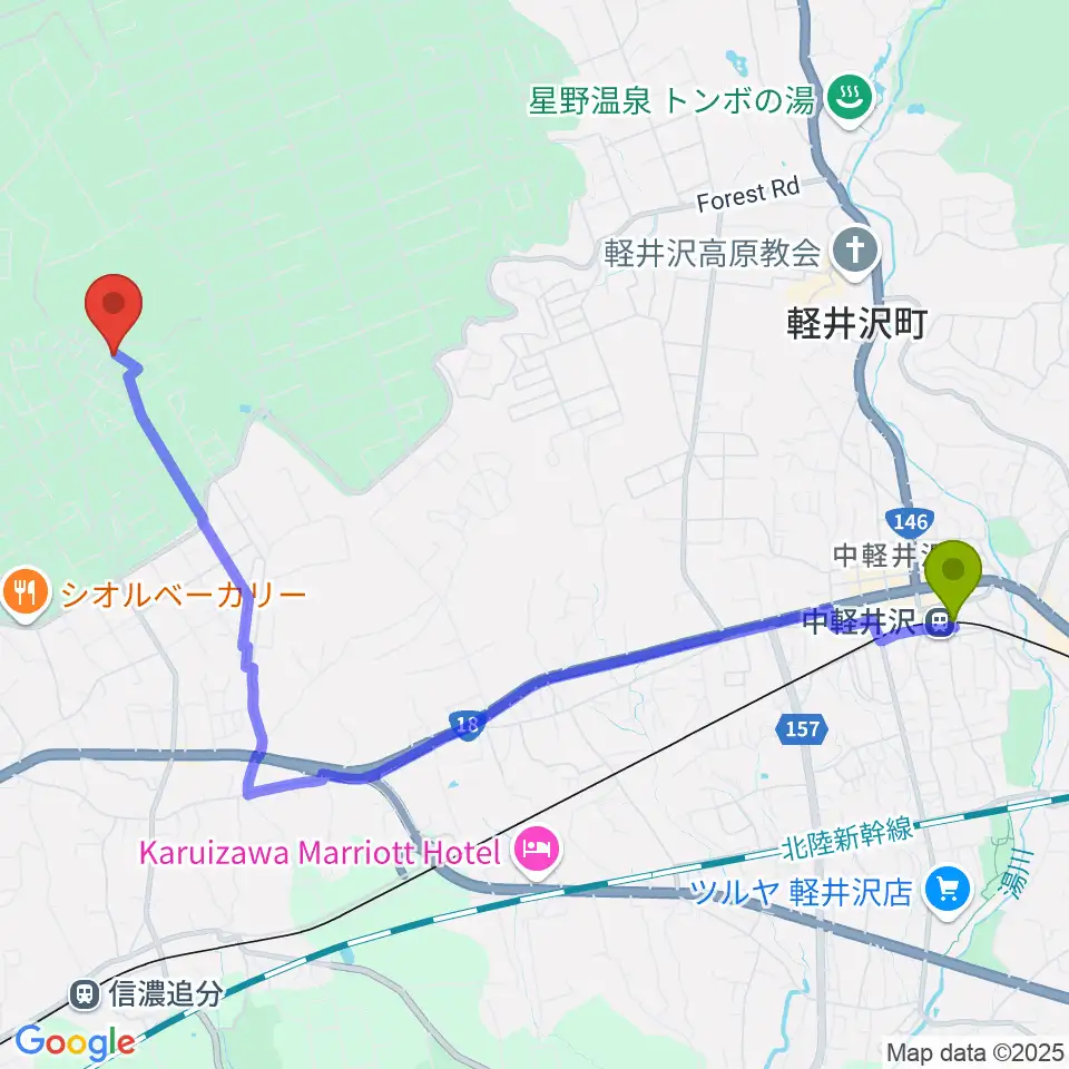 中軽井沢駅から音楽ロッヂ ゆうげん荘へのルートマップ地図