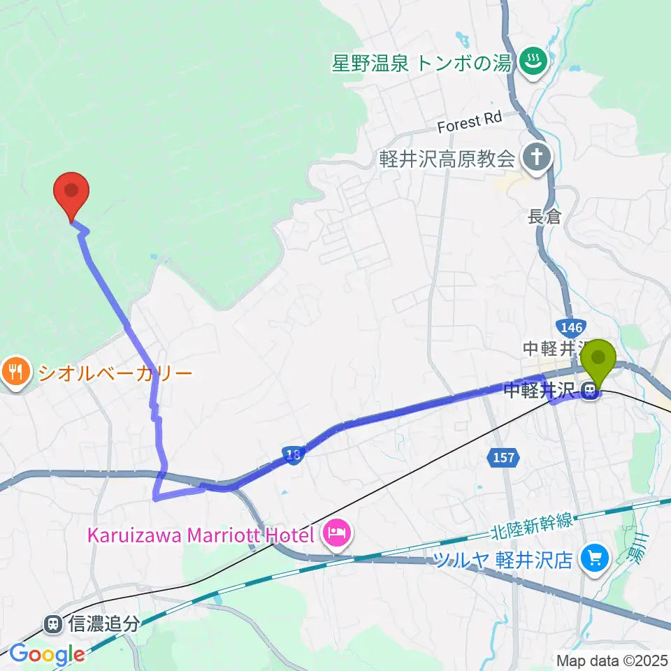 中軽井沢駅から音楽ロッヂ ゆうげん荘へのルートマップ地図