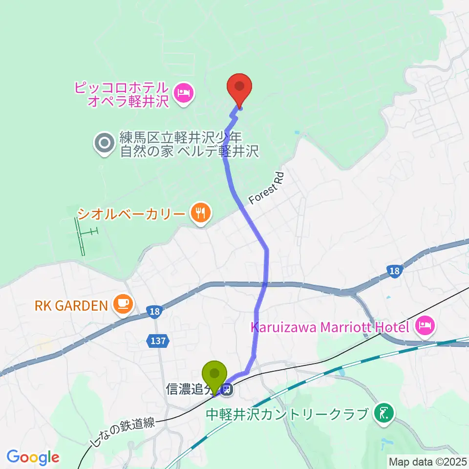 音楽ロッヂ ゆうげん荘の最寄駅信濃追分駅からの徒歩ルート（約38分）地図