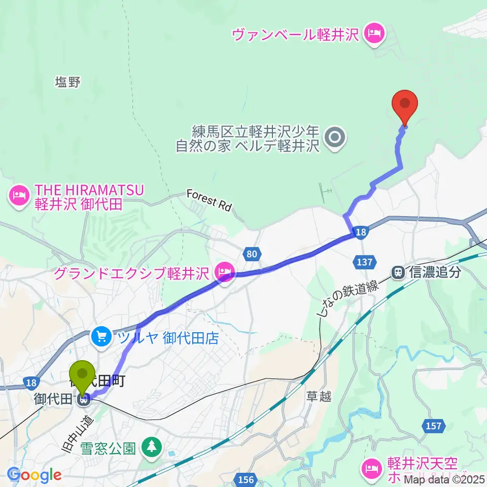 御代田駅から音楽ロッヂ ゆうげん荘へのルートマップ地図