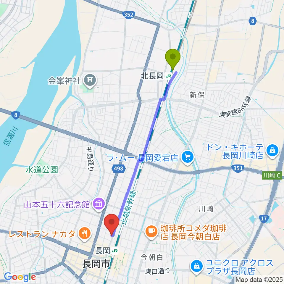 北長岡駅からあぽろん長岡店へのルートマップ地図