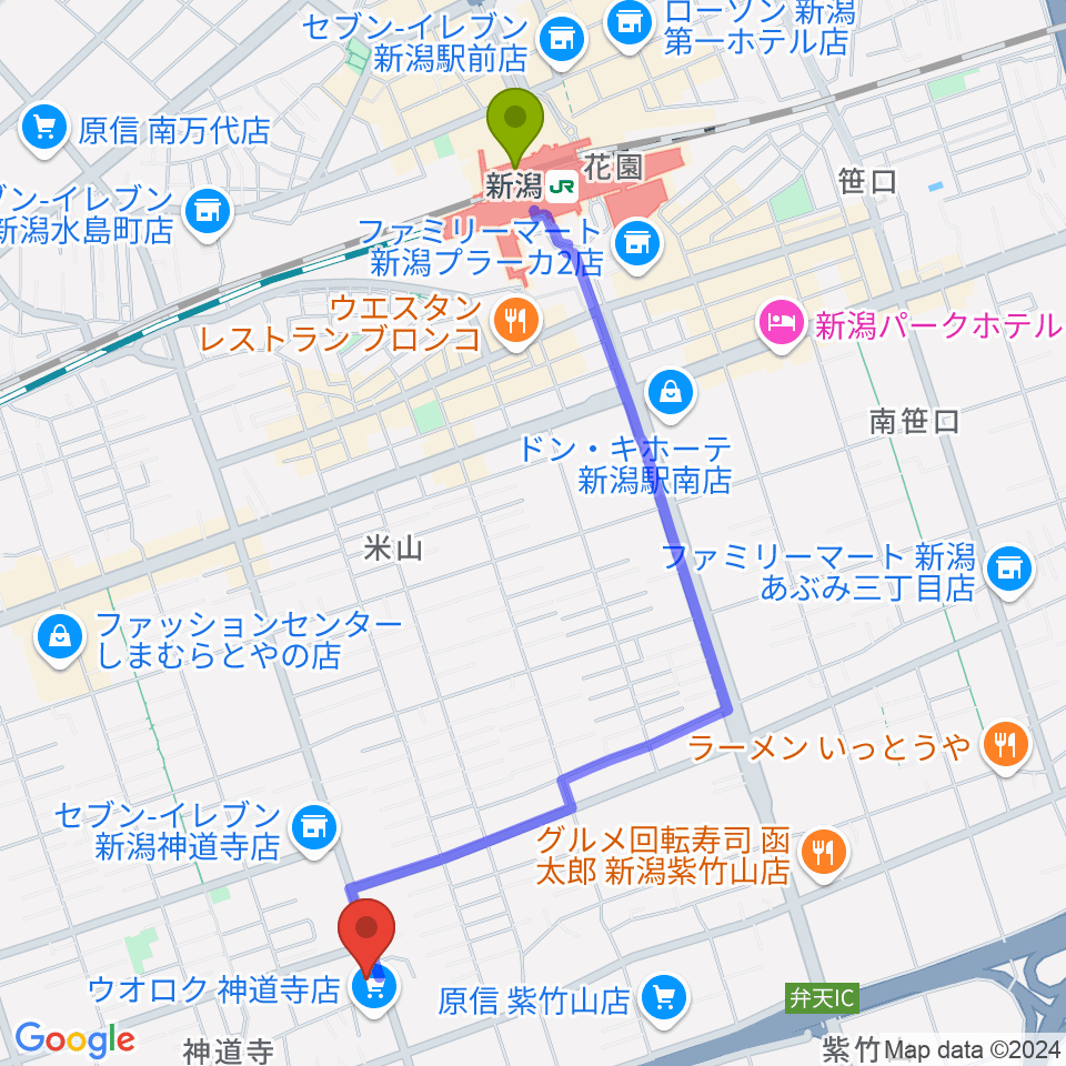 あぽろん駅南店の最寄駅新潟駅からの徒歩ルート（約23分）地図