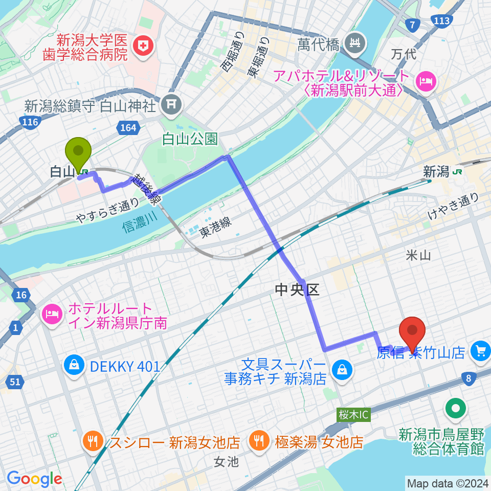 白山駅からあぽろん駅南店へのルートマップ地図