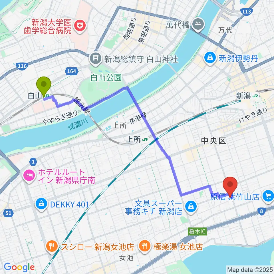 白山駅からあぽろん駅南店へのルートマップ地図