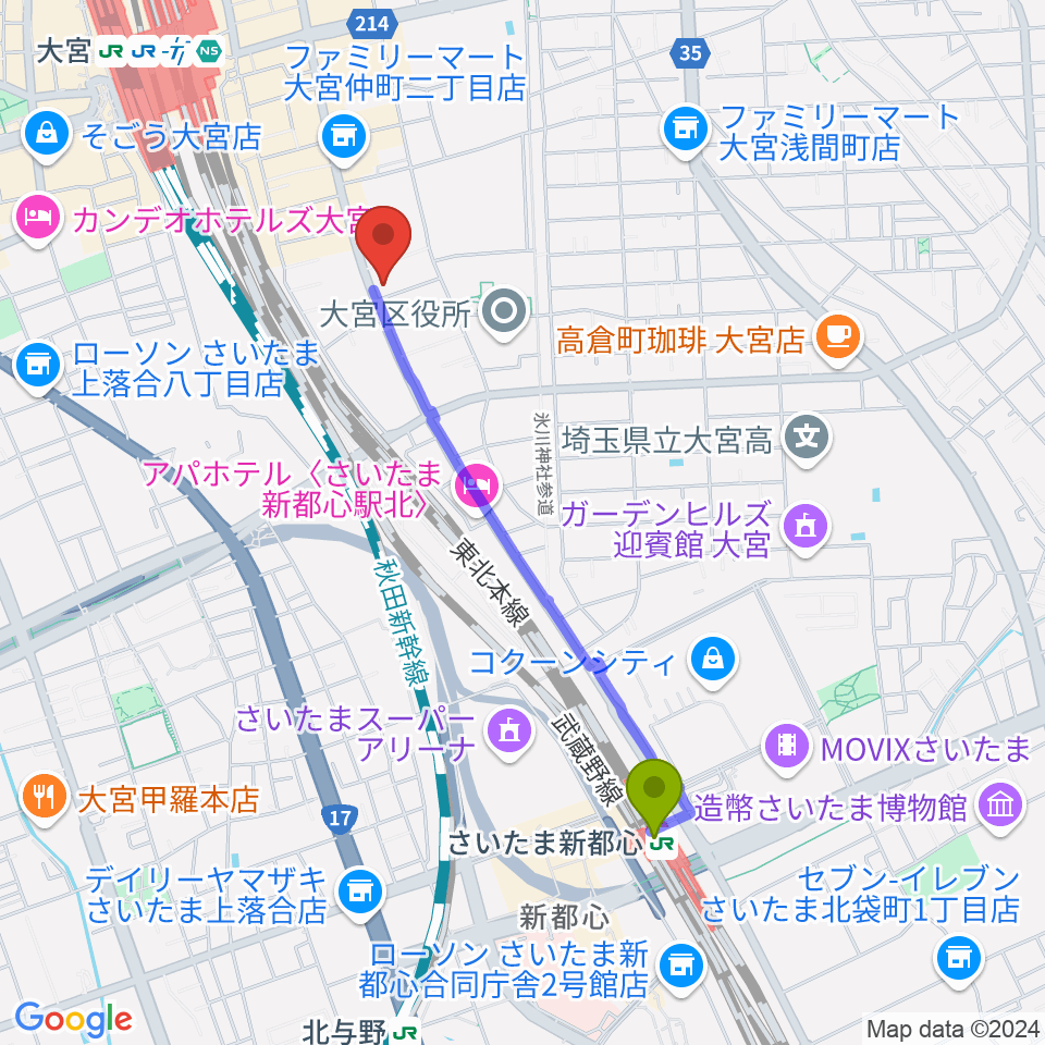 さいたま新都心駅から柏屋楽器 スタジオアティック 大宮店へのルートマップ地図