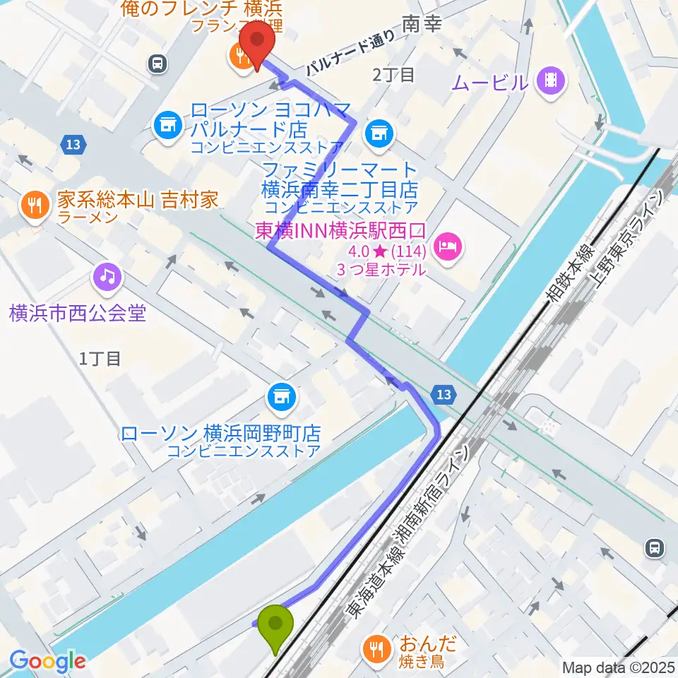 イシバシ楽器 横浜店の最寄駅平沼橋駅からの徒歩ルート（約7分）地図