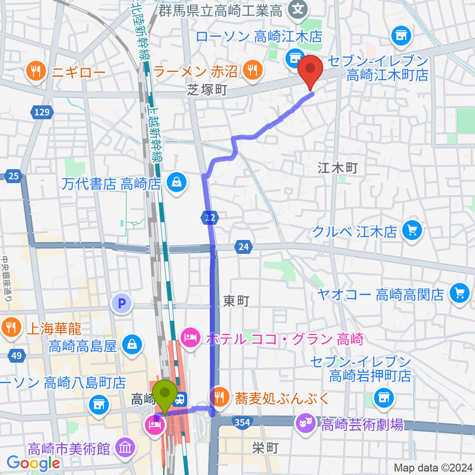 藤巻ピアノ音楽教室の最寄駅高崎駅からの徒歩ルート（約23分）地図