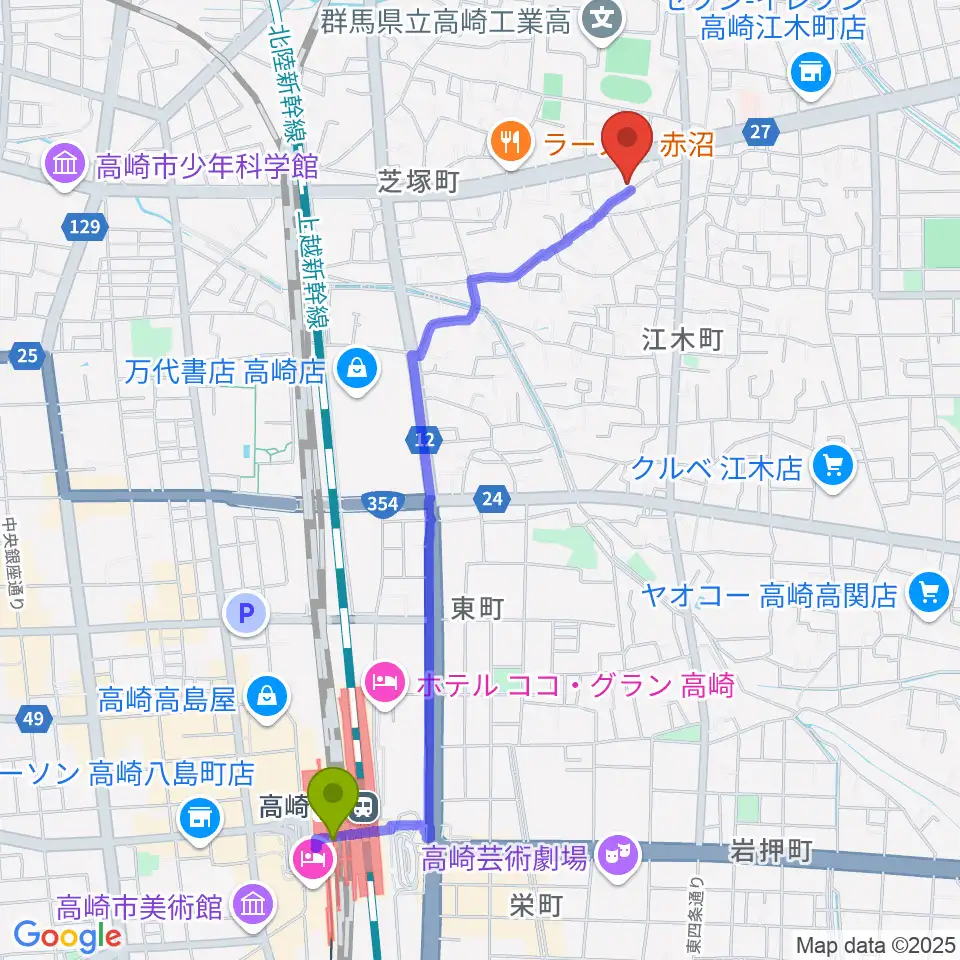 藤巻ピアノ音楽教室の最寄駅高崎駅からの徒歩ルート（約23分）地図