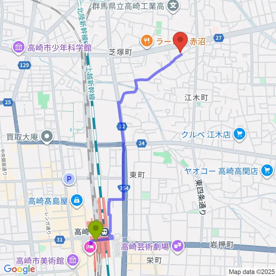 藤巻ピアノ音楽教室の最寄駅高崎駅からの徒歩ルート（約23分）地図