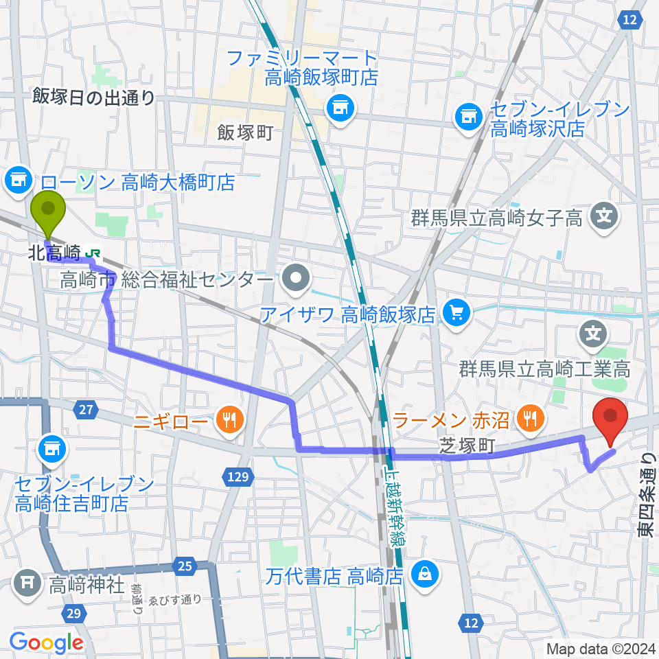 北高崎駅から藤巻ピアノ音楽教室へのルートマップ地図