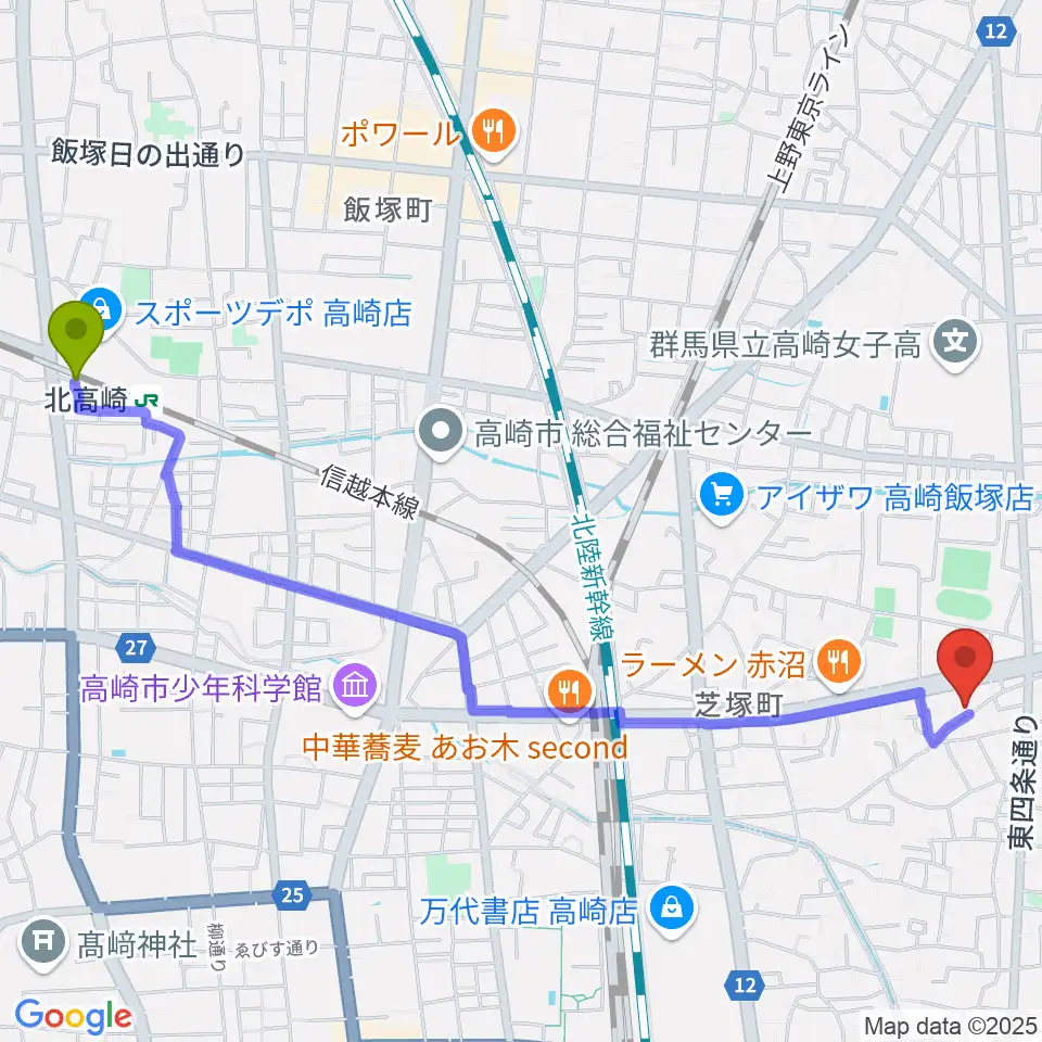 北高崎駅から藤巻ピアノ音楽教室へのルートマップ地図