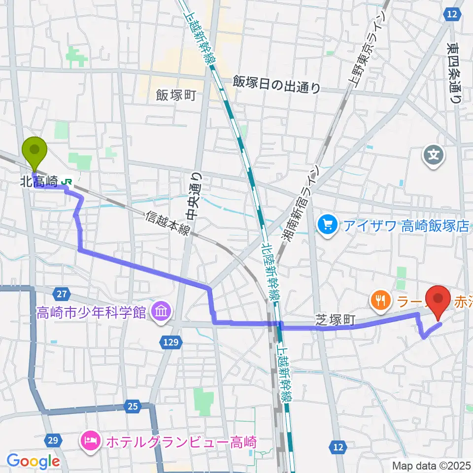 北高崎駅から藤巻ピアノ音楽教室へのルートマップ地図