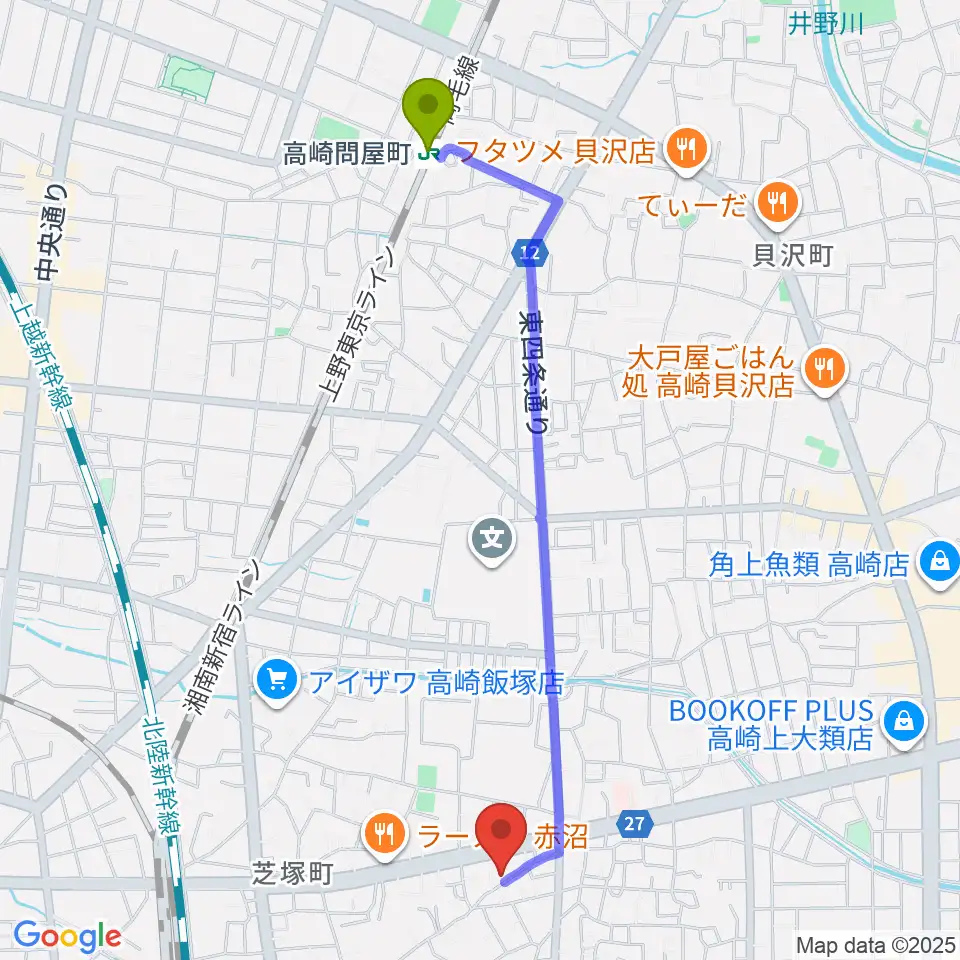 高崎問屋町駅から藤巻ピアノ音楽教室へのルートマップ地図