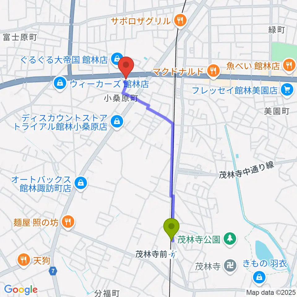 響き音楽院（響きホール）の最寄駅茂林寺前駅からの徒歩ルート（約17分）地図