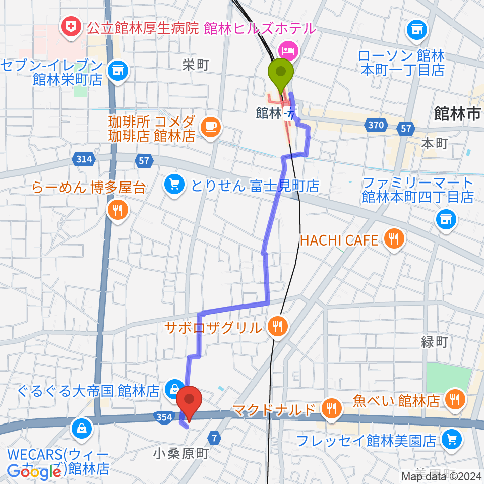 館林駅から響き音楽院（響きホール）へのルートマップ地図