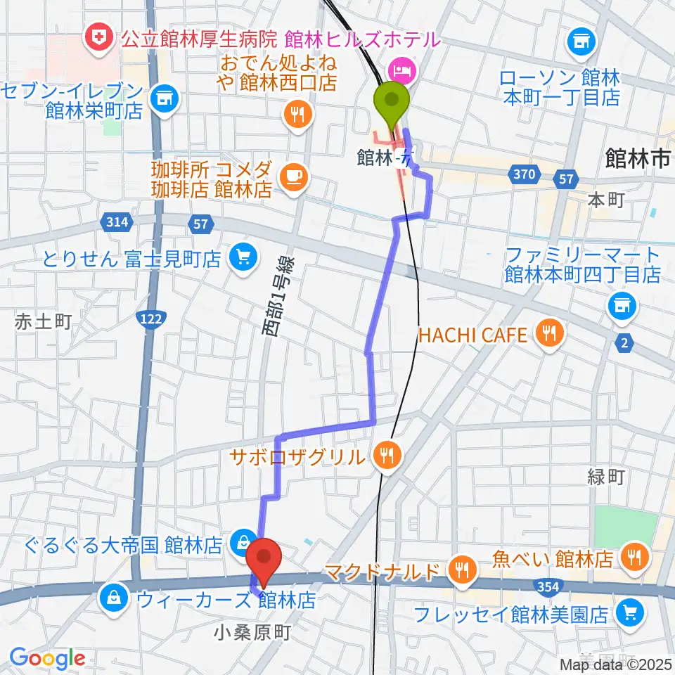 館林駅から響き音楽院（響きホール）へのルートマップ地図