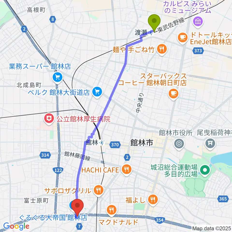 渡瀬駅から響き音楽院（響きホール）へのルートマップ地図