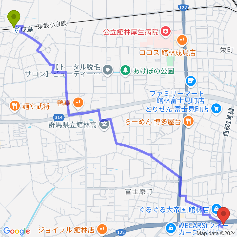 成島駅から響き音楽院（響きホール）へのルートマップ地図