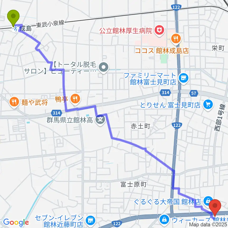 成島駅から響き音楽院（響きホール）へのルートマップ地図