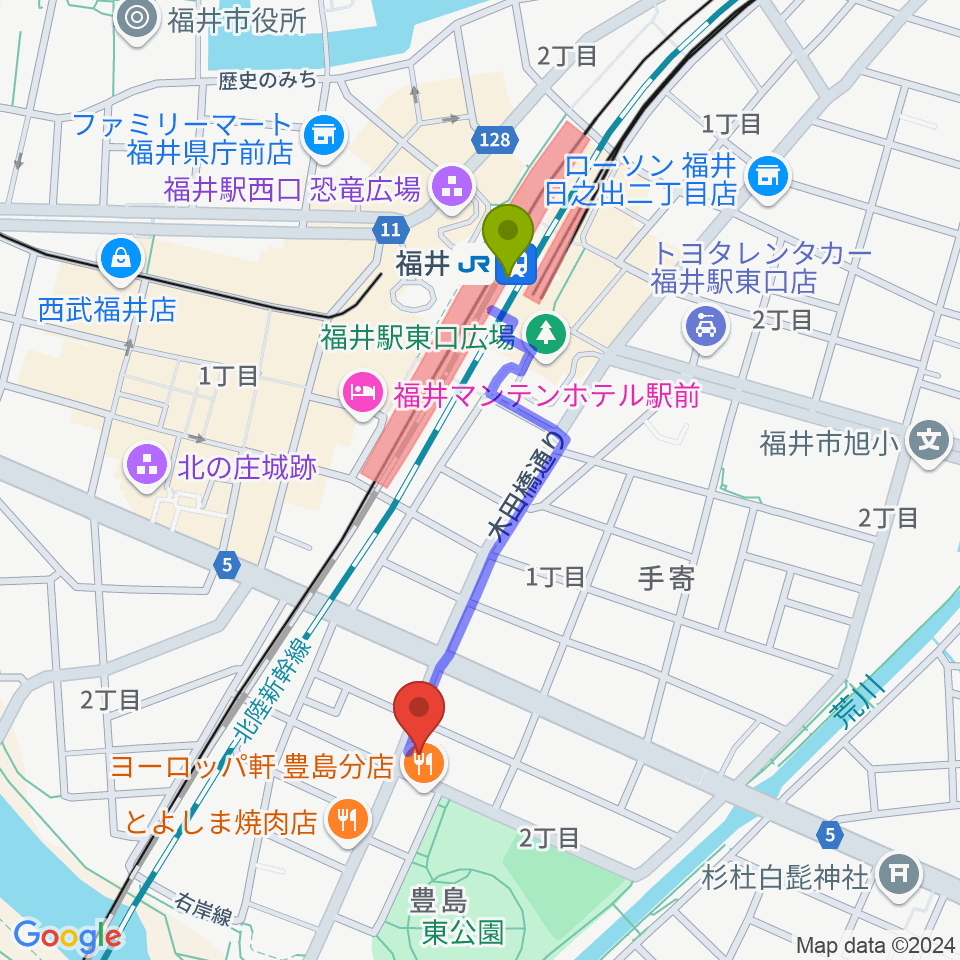 Salsa Labの最寄駅福井駅からの徒歩ルート（約8分）地図