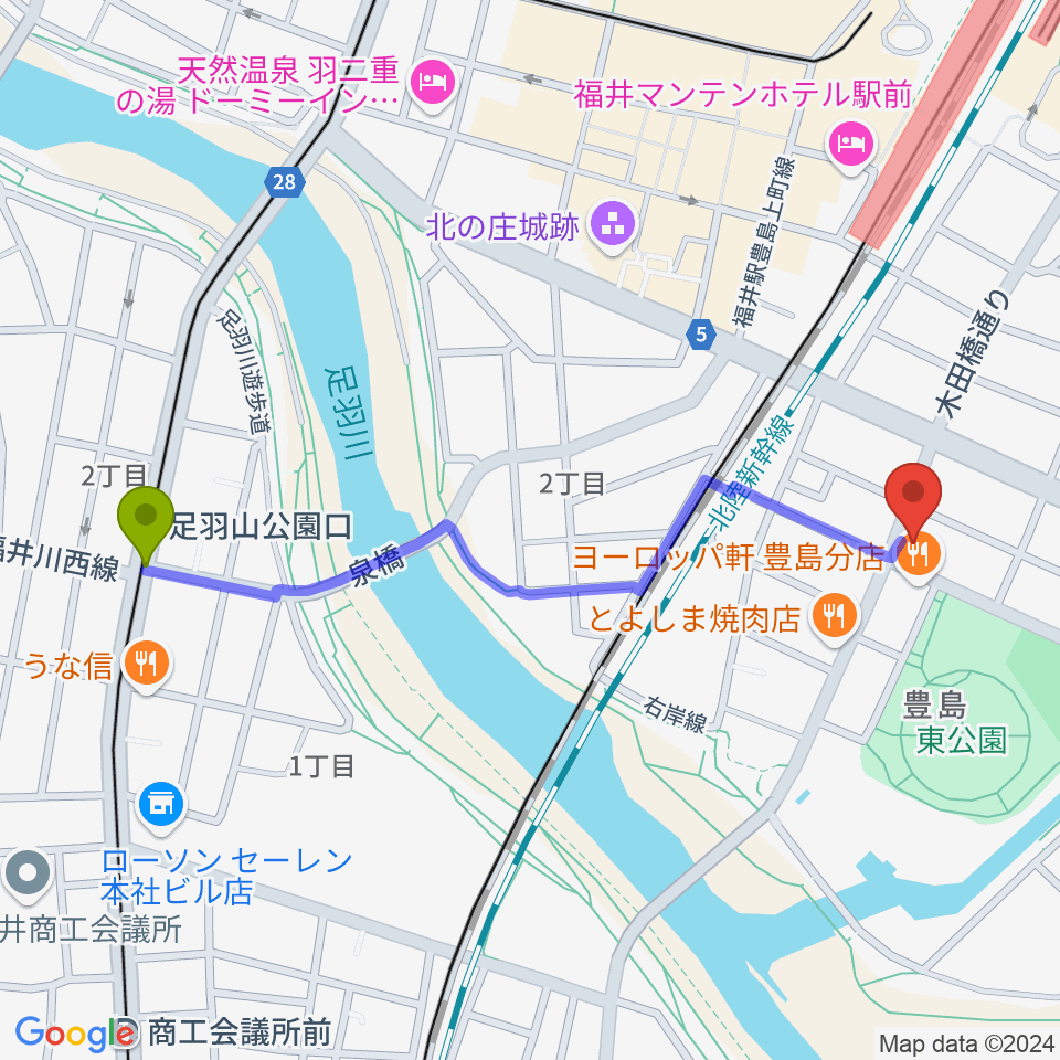 足羽山公園口駅からSalsa Labへのルートマップ地図