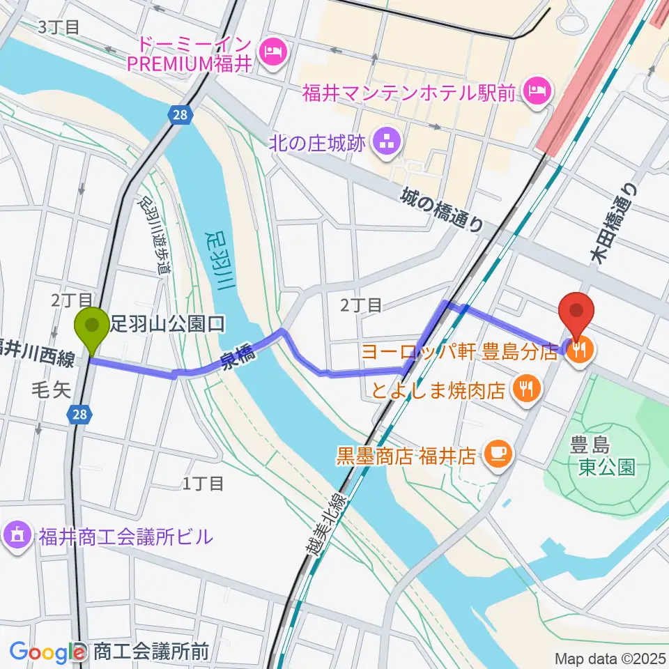 足羽山公園口駅からSalsa Labへのルートマップ地図