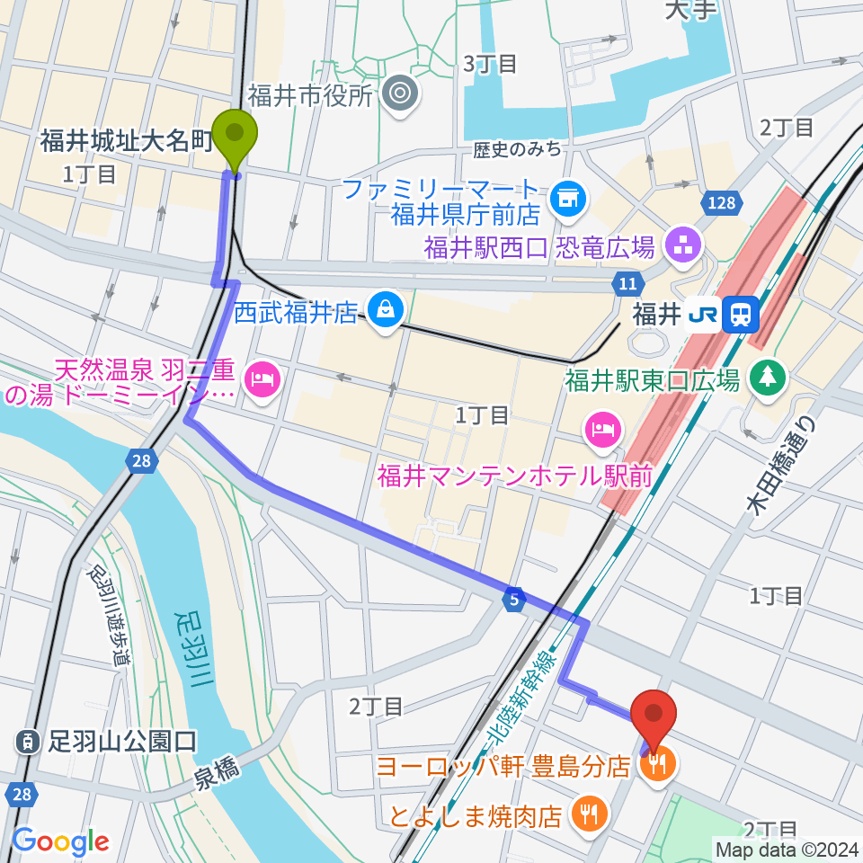 福井城址大名町駅からSalsa Labへのルートマップ地図