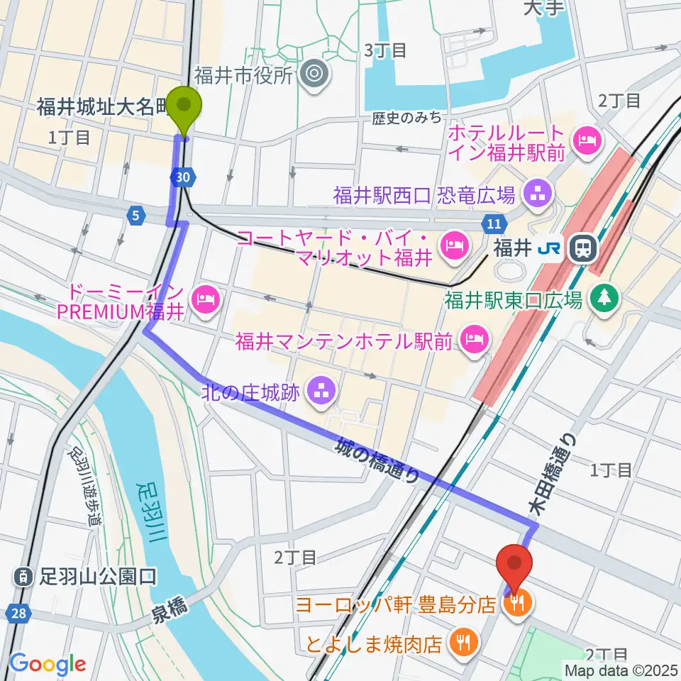 福井城址大名町駅からSalsa Labへのルートマップ地図