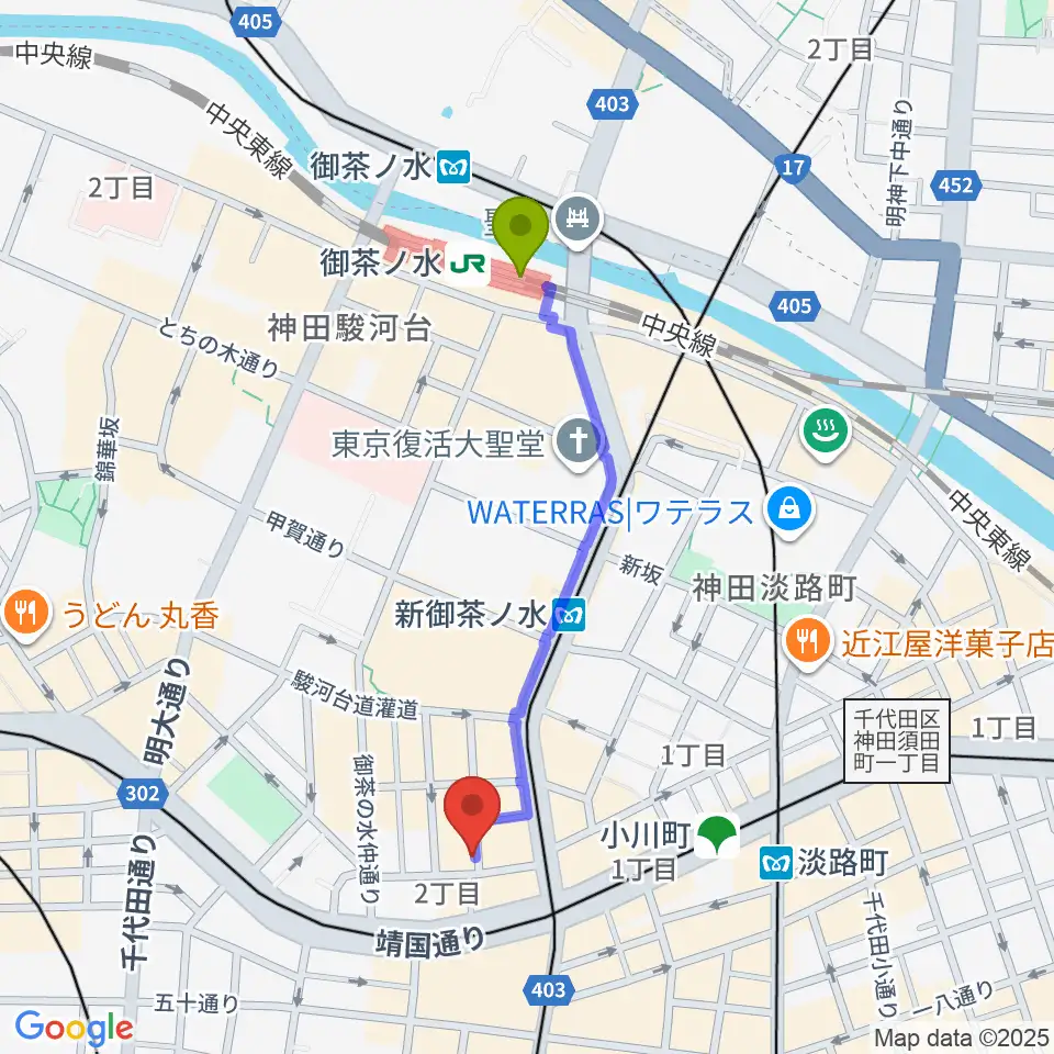 御茶ノ水駅からウッドマンお茶の水店へのルートマップ地図