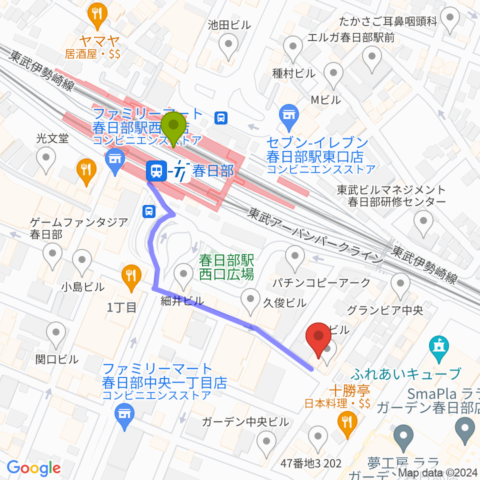 昭和楽器 春日部店ミニホールの最寄駅春日部駅からの徒歩ルート（約4分）地図