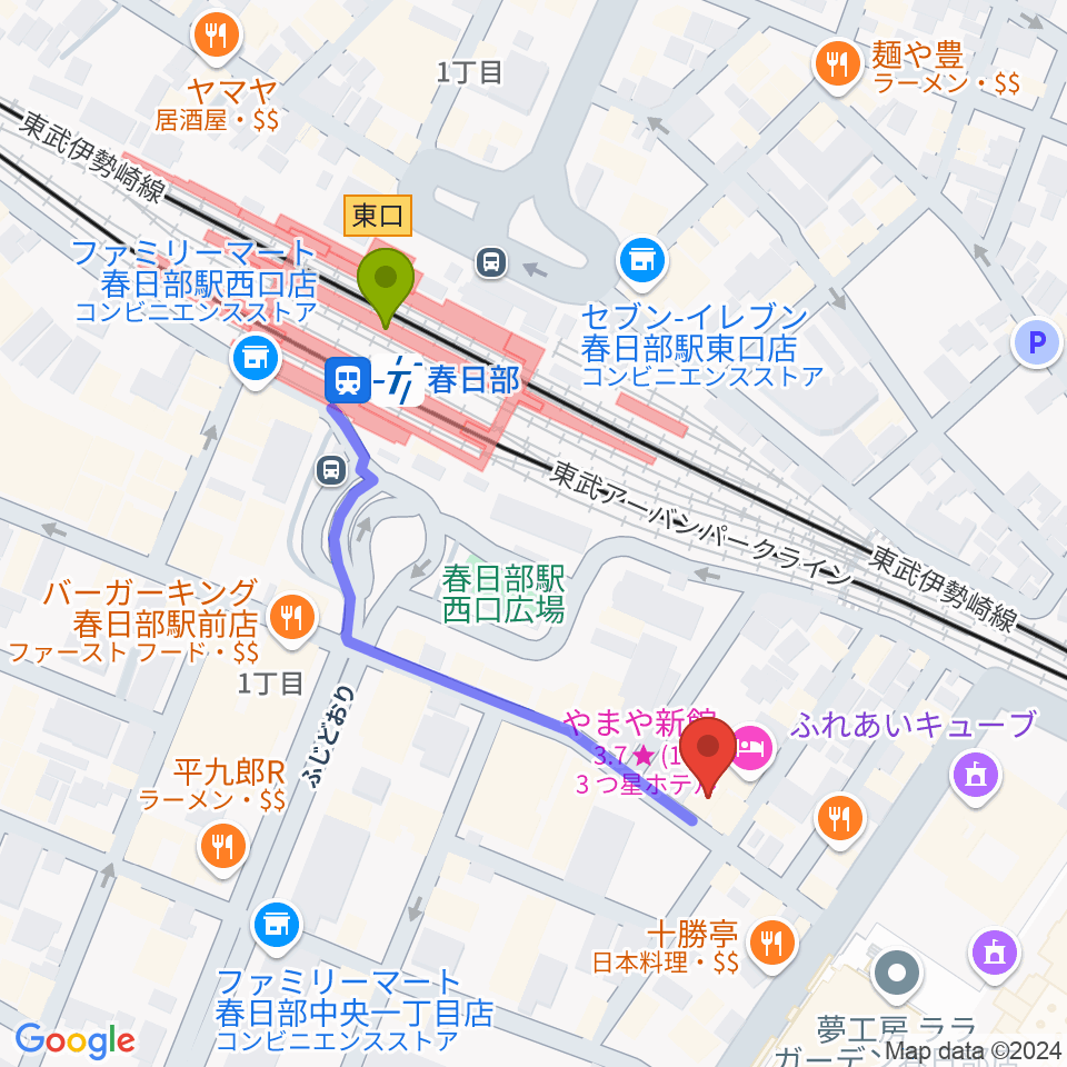 昭和楽器 春日部店ミニホールの最寄駅春日部駅からの徒歩ルート（約4分）地図