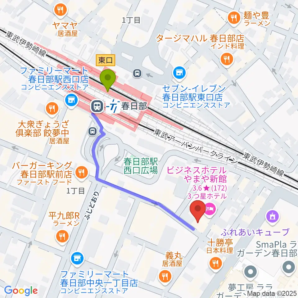 昭和楽器 春日部店ミニホールの最寄駅春日部駅からの徒歩ルート（約4分）地図