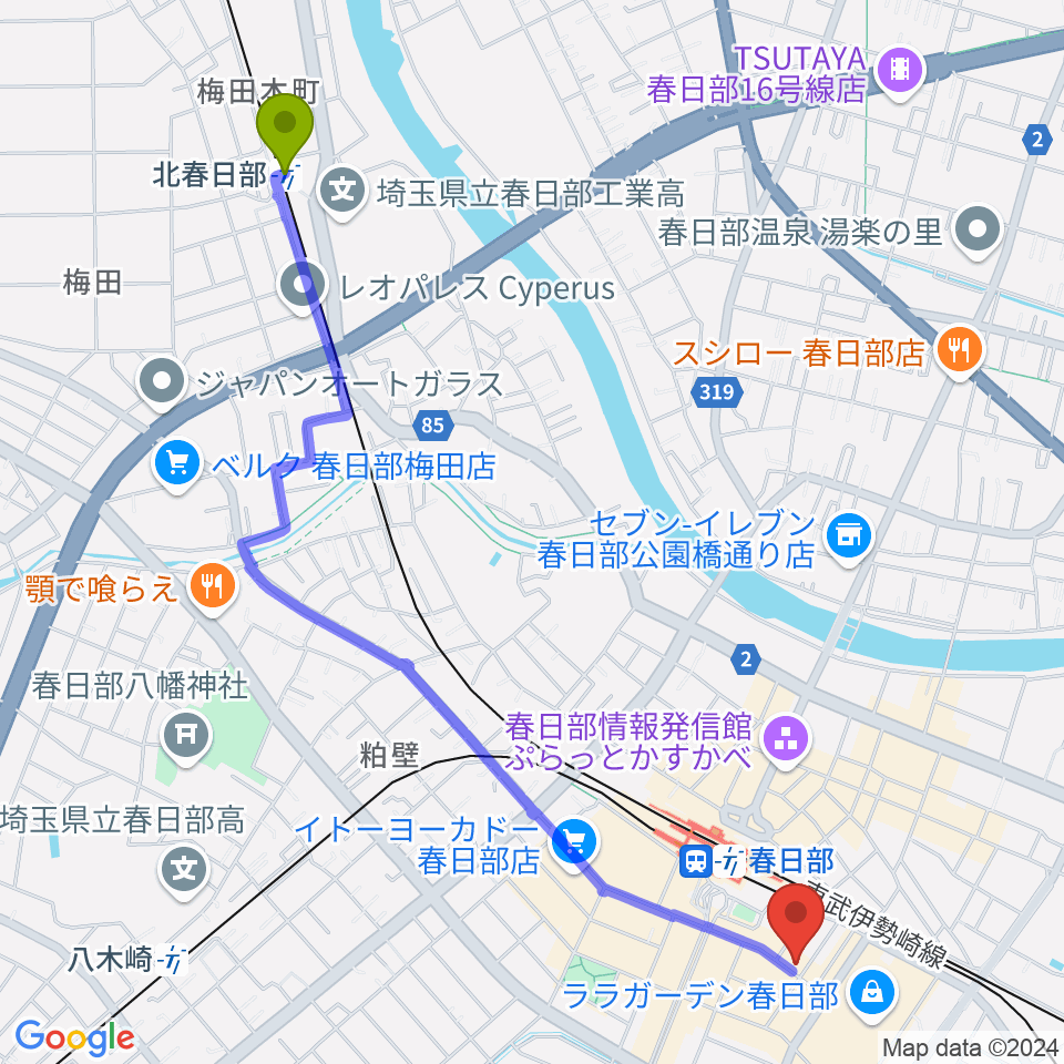 北春日部駅から昭和楽器 春日部店ミニホールへのルートマップ地図