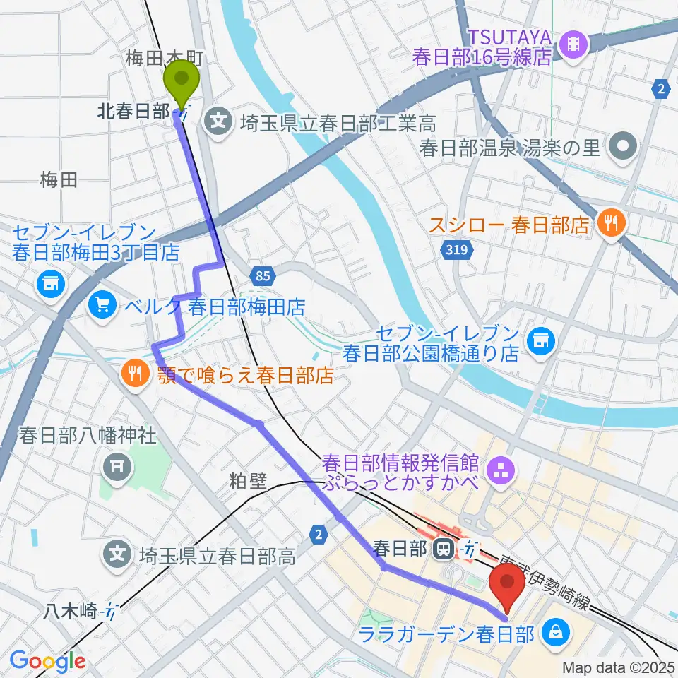 北春日部駅から昭和楽器 春日部店ミニホールへのルートマップ地図