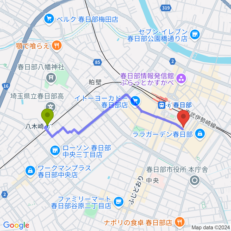 八木崎駅から昭和楽器 春日部店ミニホールへのルートマップ地図