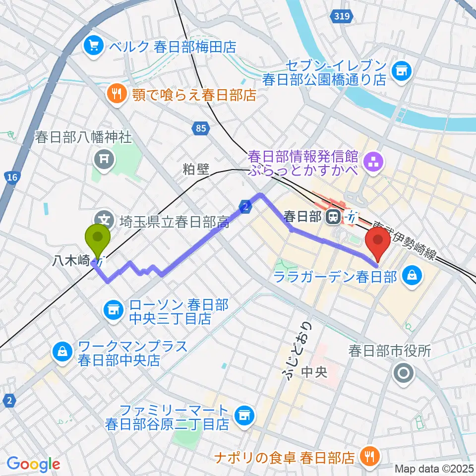 八木崎駅から昭和楽器 春日部店ミニホールへのルートマップ地図