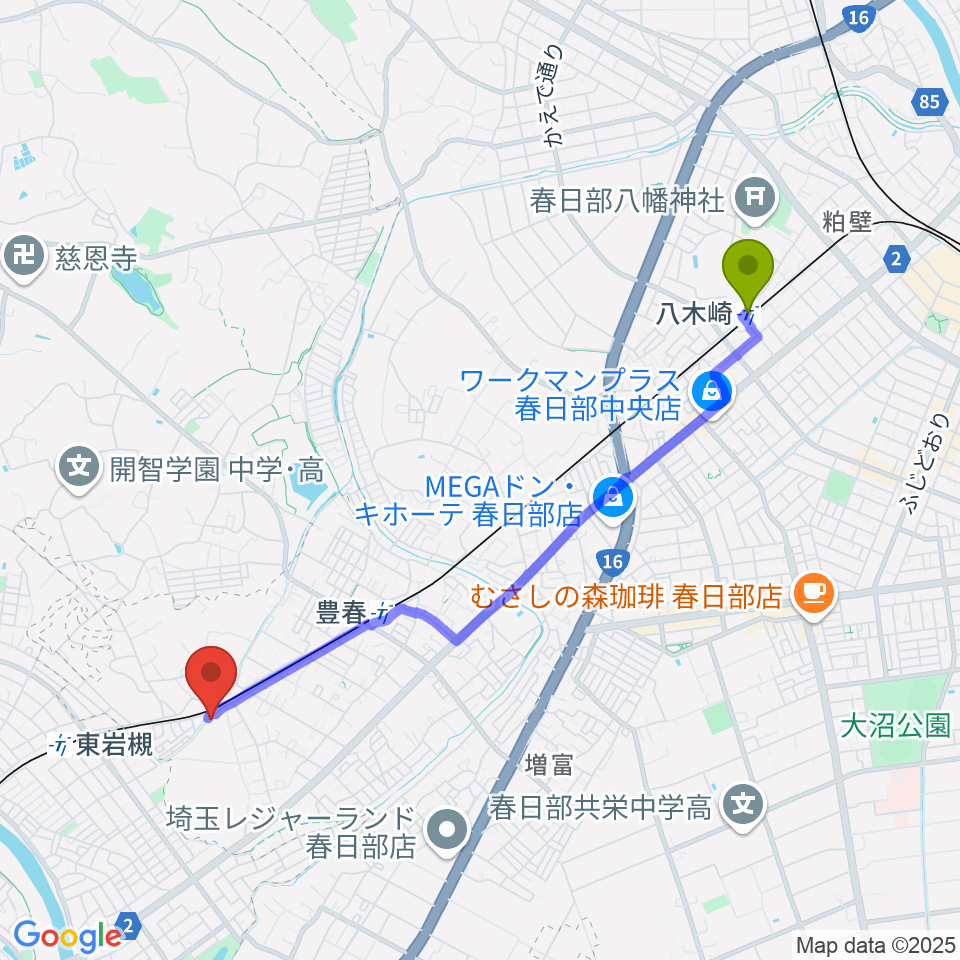 八木崎駅からスタジオコーリングへのルートマップ地図