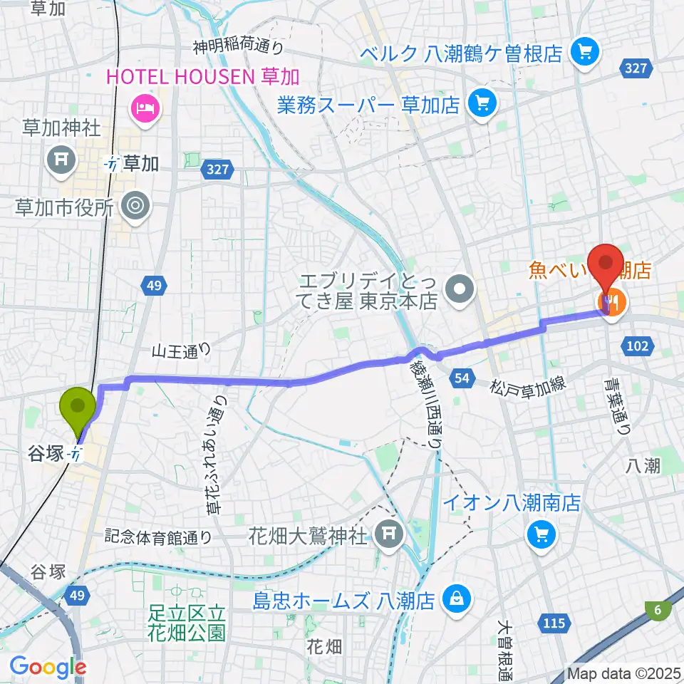 谷塚駅からサウンドスタジオイフへのルートマップ地図