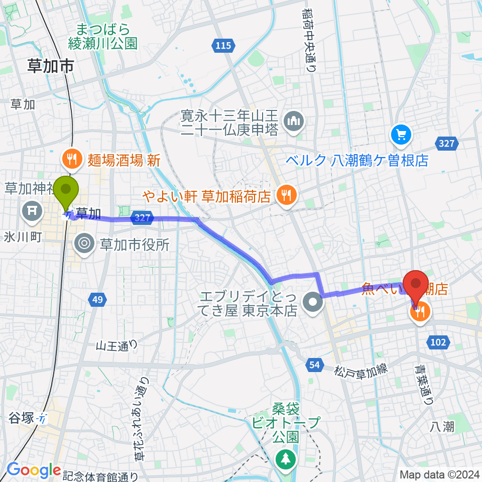 草加駅からサウンドスタジオイフへのルートマップ地図