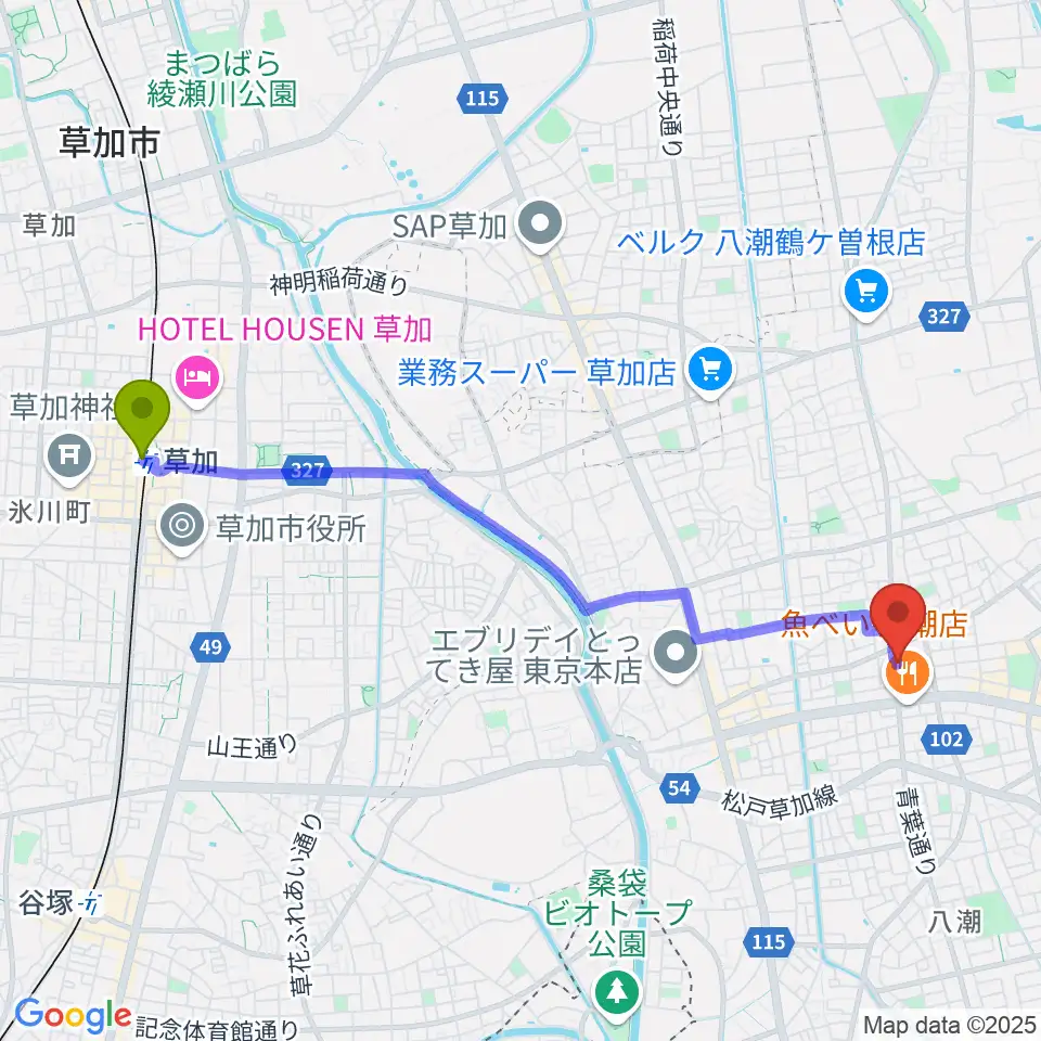 草加駅からサウンドスタジオイフへのルートマップ地図