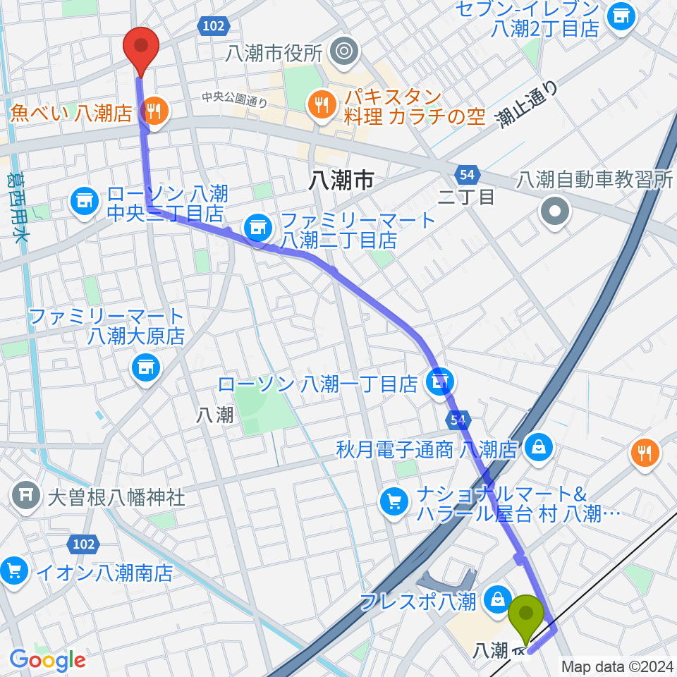 サウンドスタジオイフの最寄駅八潮駅からの徒歩ルート（約31分）地図